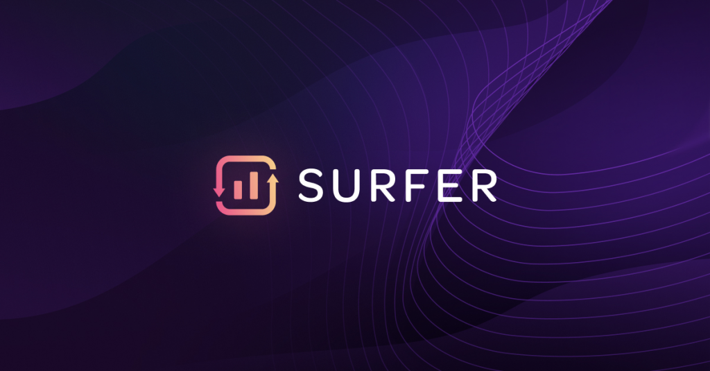 A surfer logo set against a serene purple backdrop.
