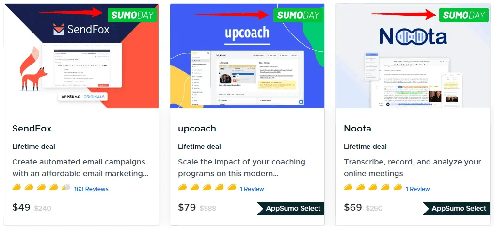 Check out this screenshot of the landing page offering the best Sumo Day deals on AppSumo!