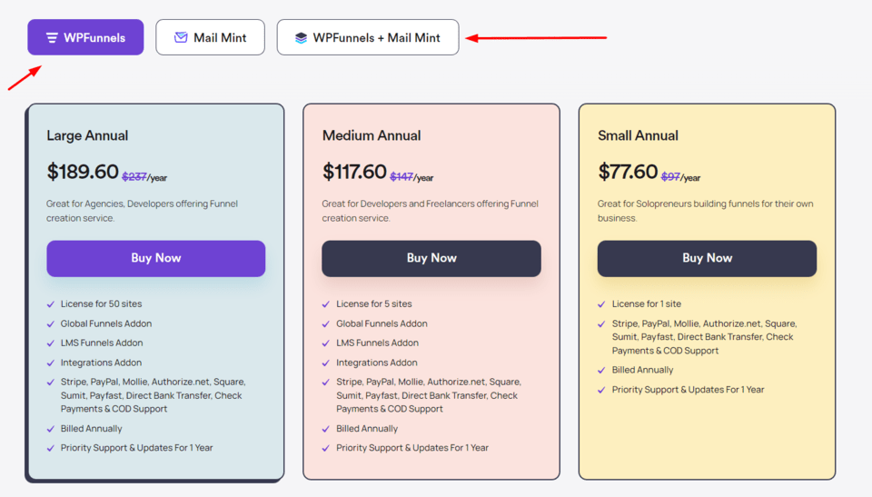 A screenshot of a pricing page comparing FunnelKit and WPfunnels.