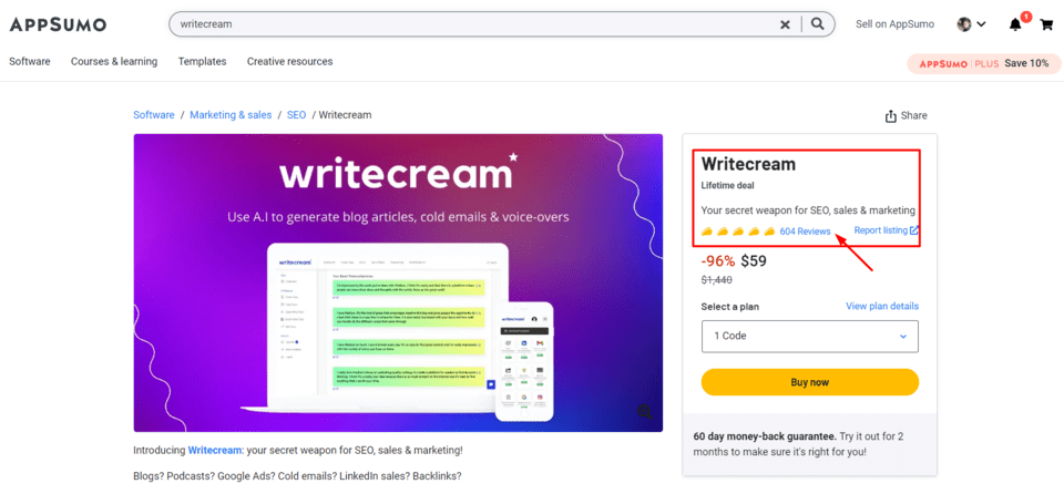 WriteCream appsumo reviews