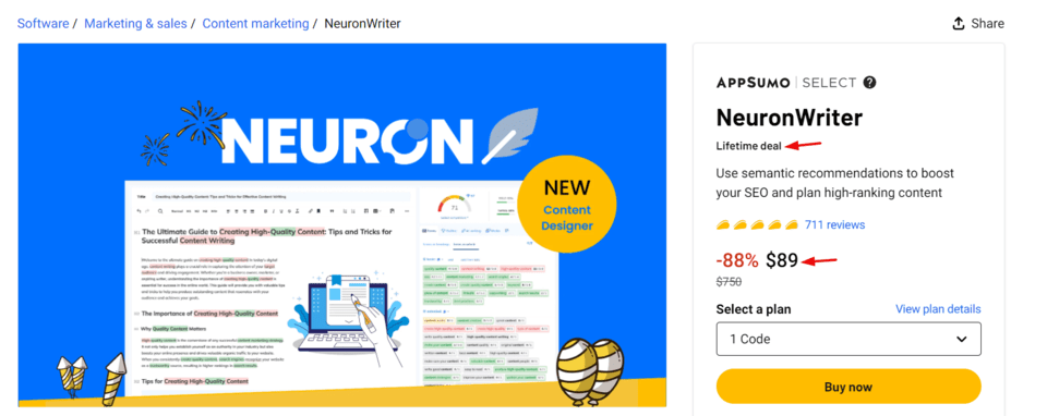Neuron writer lifetime deal available on appsumo