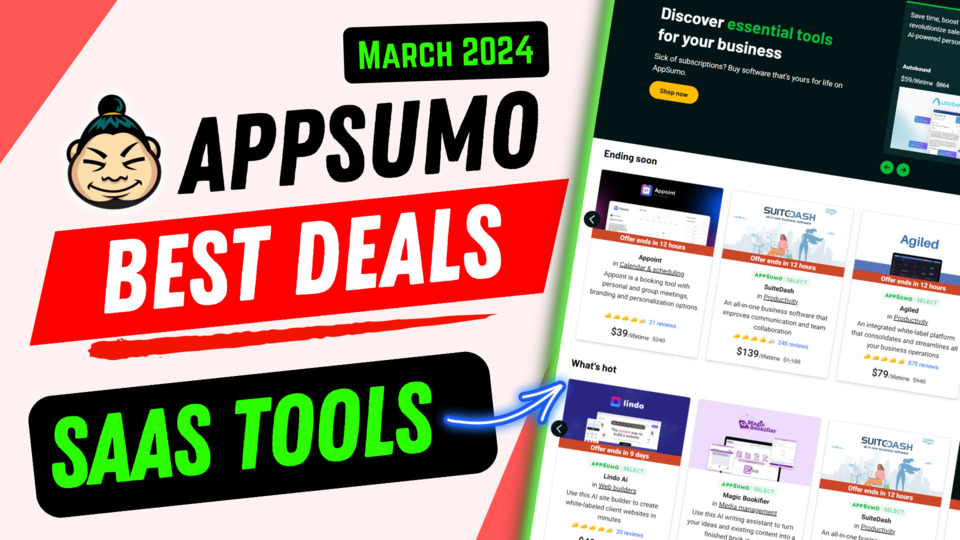 Promotional graphic for AppSumo's March 2024 best appsumo lifetime deals on SaaS tools, featuring bright colors, text highlights, and screenshots of software offerings.
